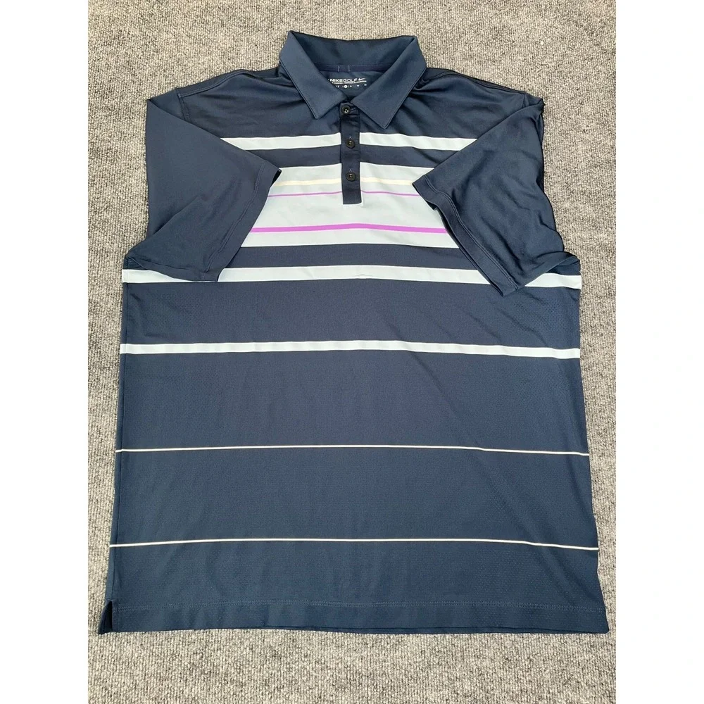 Nike Golf Polo Shirt Men XL Blue White Stripped Dri-Fit Polo Shirt Short Sleve